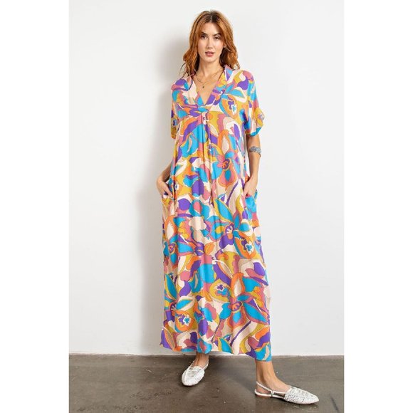 easel Dresses Easel Parrot Blue Printed V Neckline Side Deep Slits